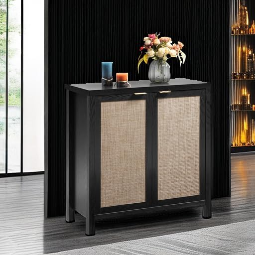 SICOTAS Rattan Sideboard Buffet Storage Cabinet - Boho Credenza Coffee Bar Cabinet with Large Storage, Buffet Console Table for Kitchen Living Room Entryway - Black
