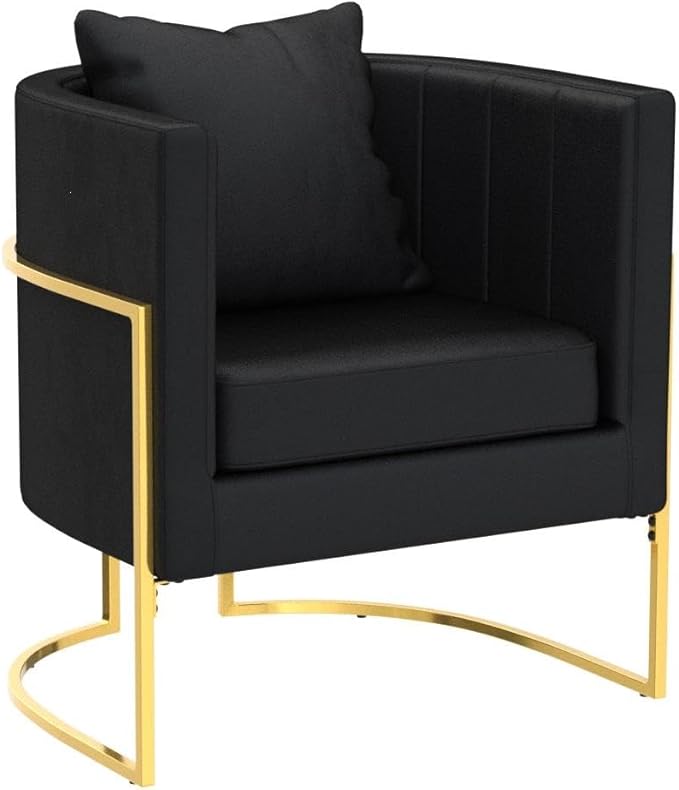 Velvet Modern Accent Chair, Upholstered Barrel Armchair Mid Century with Pillow for Living Room, Comfy Single Vanity Chair with Metal Gold Legs for Bedroom, Black