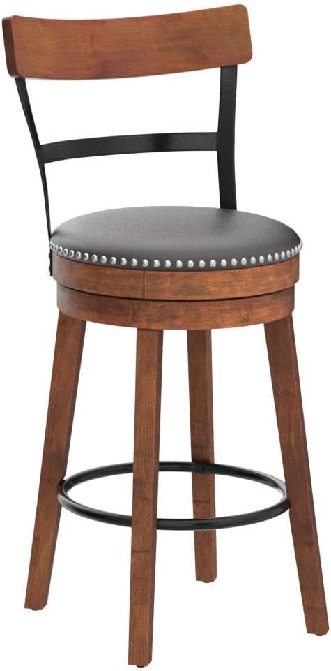 COSTWAY Bar Stools Set of 2, 360-Degree Swivel Stools with Leather Padded Seat, Single Slat Ladder Back & Solid Rubber Wood Legs, Counter Height Stools for Pub, Restaurant, Kitchen, Brown (2, 25.5)