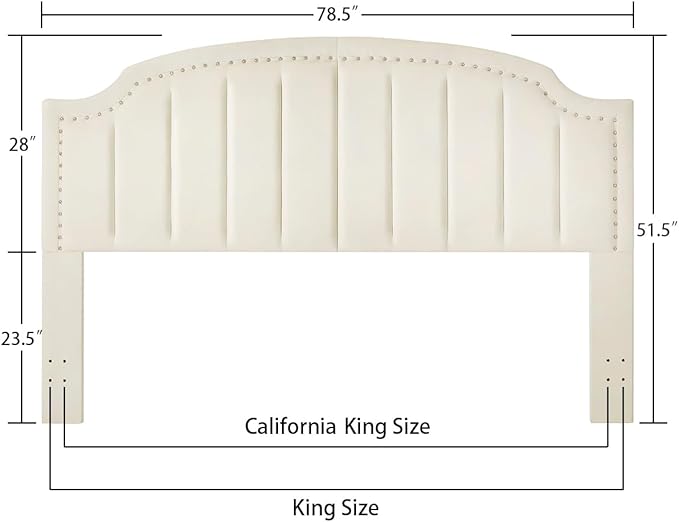 24KF Velvet Fabric Upholstered King/California King Headboard with Nail Trims, Modern Vertical Channel Design with Curved King Headboard, 6052-K-Cream