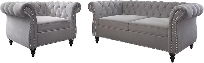 Chesterfield Loveseat Sofa, Modern Velvet Small Sofa Couch 2 Seater with Rolled Arms and Nailhead, Mid Century Modern Loveseat Couch for Small Spaces Living Room Bedroom Apartment, Grey