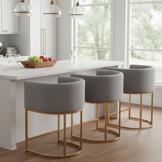 Contemporary Grey Velvet Bar Stools Set of 3, 24" Upholstered Fabric Counter Height Barstools Kitchen Counter Island Stools with Screwed Together Golden Metal Base