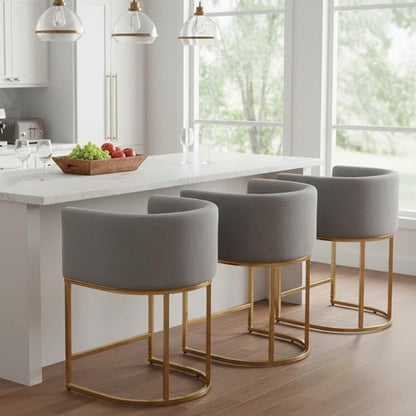 Contemporary Grey Velvet Bar Stools Set of 3, 24" Upholstered Fabric Counter Height Barstools Kitchen Counter Island Stools with Screwed Together Golden Metal Base