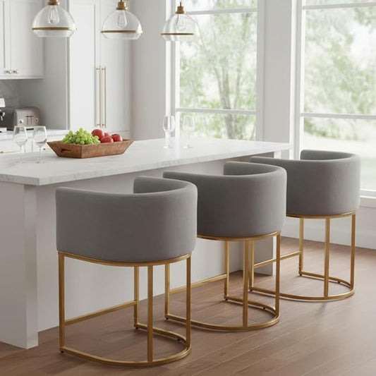 Contemporary Grey Velvet Bar Stools Set of 3, 24" Upholstered Fabric Counter Height Barstools Kitchen Counter Island Stools with Screwed Together Golden Metal Base