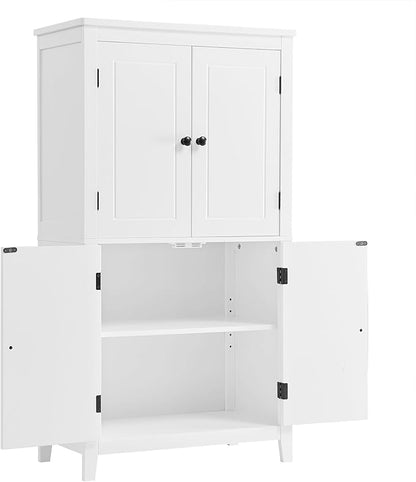 Tall Storage Cabinet, Bathroom Floor Freestanding Storage Cabinet with 2 Double-Door and Adjustable Shelves for Bathroom, Office, Living Room, White