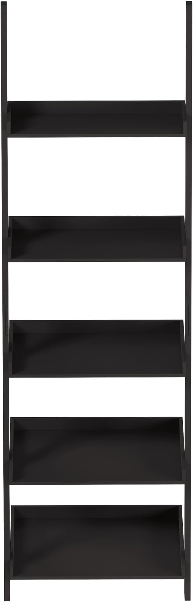 Lavish Home Bookshelf - 5-Tier Ladder Shelf with Leaning Look - Bookcase for Home Decor and Office Storage - Freestanding Book Shelves (Black)