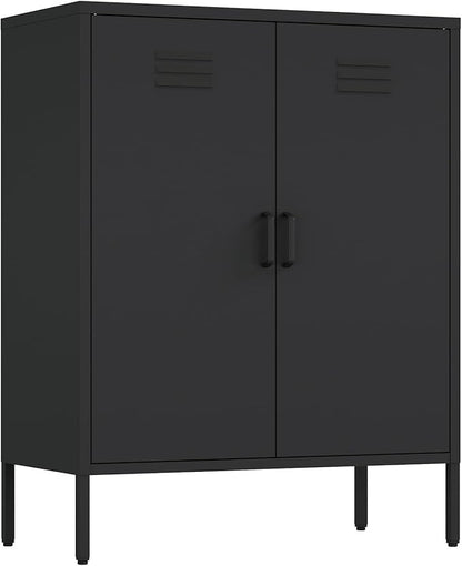 Manhattan Comfort Naomi Modern Metal Accent Cabinet, Minimalist Storage Cabinet with Doors & Adjustable Shelves, Vented Doors, Sturdy Steel Build, Versatile & Multi-Purpose Home Furniture, Black