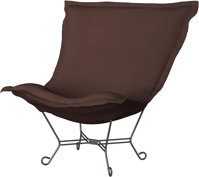 Howard Elliott Scroll Puff Rocker Seating Chair With Cover, Multipurpose Alternate Seating Butterfly Chair with Titanium Frame, Patio Furniture for Camping, Home, Indoor & Outdoor, Sterling Chocolate
