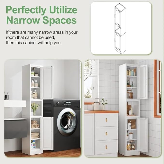 Tall Narrow Storage Cabinet 66.93" H Tall Bathroom Cabinets Metal Pantry Cabinet, 4 Adjustable Shelves for Kitchen, Home Office, Living Room, Dinning Room (11.8 inches Wide White)