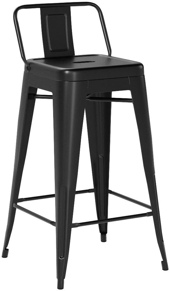 HAOBO Home 26" Low Back Metal Counter Stool Height Bar Stools [Set of 4] for Indoor/Outdoor Barstools, Matte Black