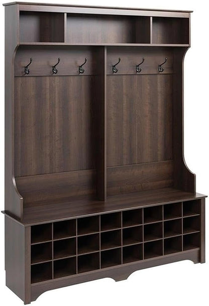 Prepac Brown Hall Tree, Shoe Cabinet, Storage Cabinet with 24 Shoe Cubbies and 6 Double Coat Hooks 15.5" D x 60" W x 77" H