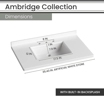 Hanover Ambridge 36'' Vanity Cabinet with Sink Combo for Bathroom, Powder Room | Pre-Assembled Cabinet | 1 Door, 3 Drawers | Artificial Stone Countertop, Gray Cabinet