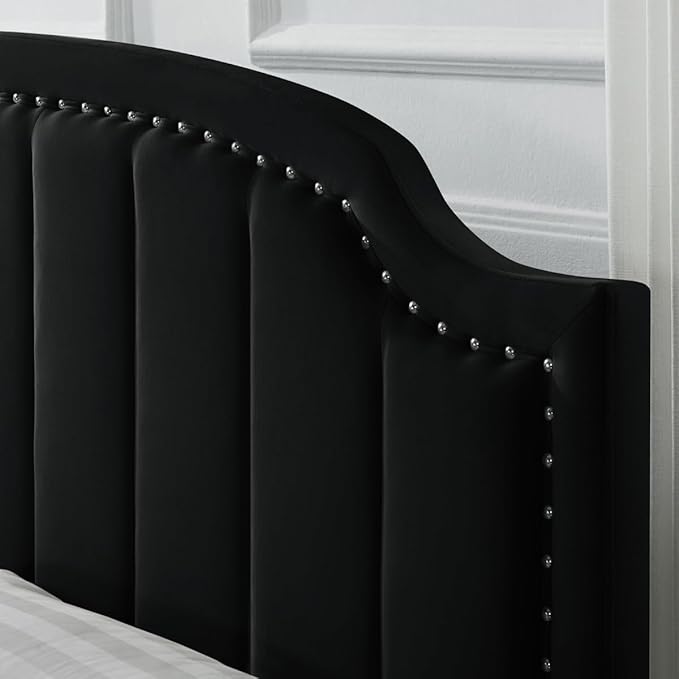 24KF Velvet Fabric Upholstered King/California King Headboard with Nail Trims, Modern Vertical Channel Design with Curved King Headboard, 6052-K-Black