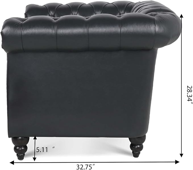 LEVNARY Leather Upholstered Armchair, Mid-Century Modern Single Sofa Chair with Rolled Arms and Nailhead, Tufted Pu Leather Chesterfield Chair for Home Bedroom Reading Room (Black)