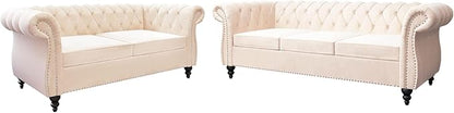 Chesterfield Loveseat Sofa, Modern Velvet Small Sofa Couch 2 Seater with Rolled Arms and Nailhead, Mid Century Modern Loveseat Couch for Small Spaces Living Room Bedroom Apartment, Beige