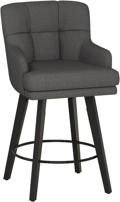 360°Swivel Counter Height Bar Stools with Back, 26 inch Solid Wood Legs, Bar Stool Modern Kitchen Island Chairs, Fabric (Black Grey- Fabric, 26" H- Set of 1)