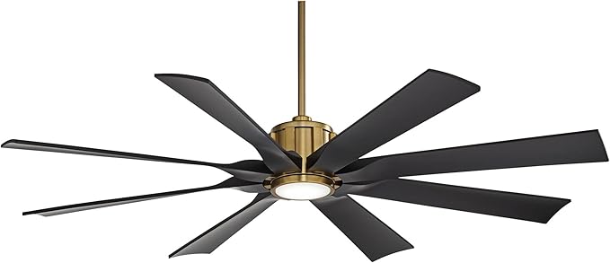 Possini Euro Design 60" Defender Modern Outdoor Ceiling Fan with LED Light Remote Control Soft Brass Matte Black Damp Rated for Patio Exterior House Home Porch Gazebo Garage Barn