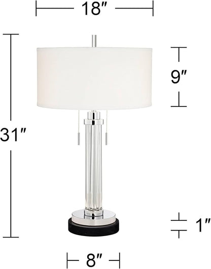 Possini Euro Design Cadence Modern Table Lamp 30" Tall with Round Black Marble Riser Linear Glass Rod White Linen Drum Shade for Bedroom Living Room Nightstand Bedside Night Stand Office Kids Room