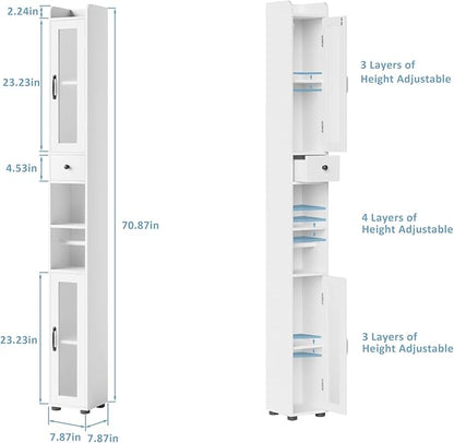 Maupvit Bathroom Storage Cabinet with 2 Frosted Glass Doors, Tall Narrow Storage Cabinet with Doors and Shelves Adjustable, Slim Bathroom Cabinet for Small Spaces, 8 Compartments (White)