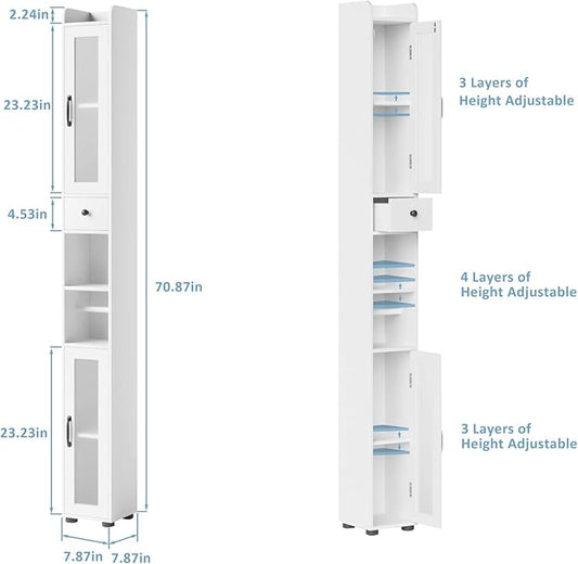 Maupvit Bathroom Storage Cabinet with 2 Frosted Glass Doors, Tall Narrow Storage Cabinet with Doors and Shelves Adjustable, Slim Bathroom Cabinet for Small Spaces, 8 Compartments (White)