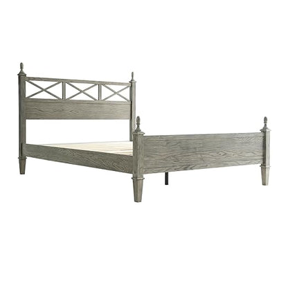 Queen Size Platform Bed Frame with Solid Wood Headboard & Footboard, Metal Legs, 12 Durable Slatted Base, No Box Spring Needed, Easy Assembly, Noise-Free & Anti-Slip, Weathered Gray Oak Finish, RIQ-34