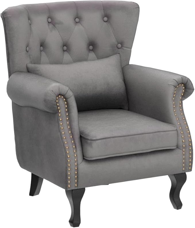 Mid Century Modern Accent Chair Upholstered Armchair Comfy Velvet Fabric Single Sofa with Tufted Wingback for Small Spaces Bedroom Living Room, Grey