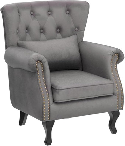Mid Century Modern Accent Chair Upholstered Armchair Comfy Velvet Fabric Single Sofa with Tufted Wingback for Small Spaces Bedroom Living Room, Grey