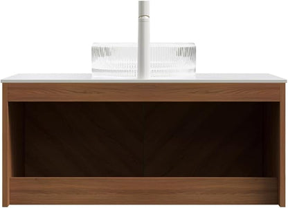 36 Inch Floating Bathroom Vanity with Vessel Sink, Fluted Modern Cabinet with 2 Doors, Glass Vessel Ceramic Sink & Sintered Stone Top, Oak
