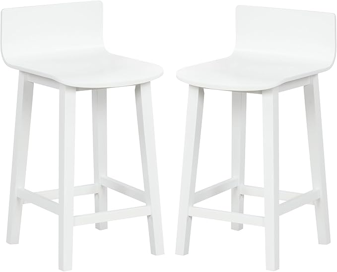 COSTWAY Solid Wood Bar Stools Set of 2, 24.5-inch Counter Height Chairs with Low Back and Footrest, Farmhouse Wooden Armless barstools for Kitchen Island, Dining Room, Cafe, Breakfast, White