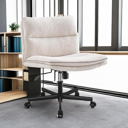 EMIAH Armless Office Desk Chair with Wheels Faux Fur Vanity Mid-Back Ergonomic Home Computer Comfortable Adjustable Swivel Furry Task Chair with Thickened Cushion