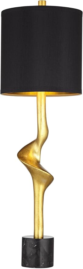 Possini Euro Design Minerva 32" Tall Large Modern Glam Luxury End Table Lamp Sculptural Gold Leaf Finish Marble Black Shade Living Room Bedroom Bedside Nightstand House Office Home Reading Kitchen