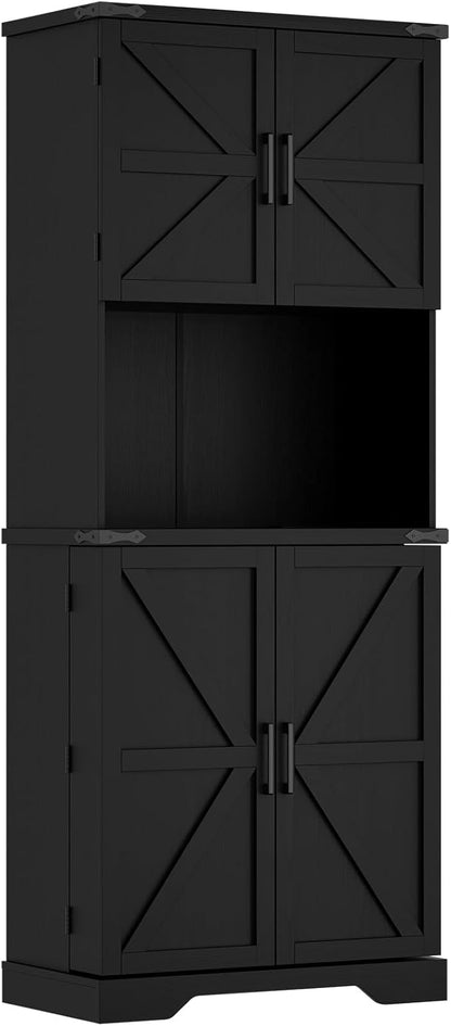 Cozy Castle 74" Farmhouse Pantry Cabinet with Charging Station, Tall Kitchen Storage Hutch Cabinet Coffee Bar Workstation, Sideboard Buffet Cupboard for Dining Room Living Room Furniture, Black