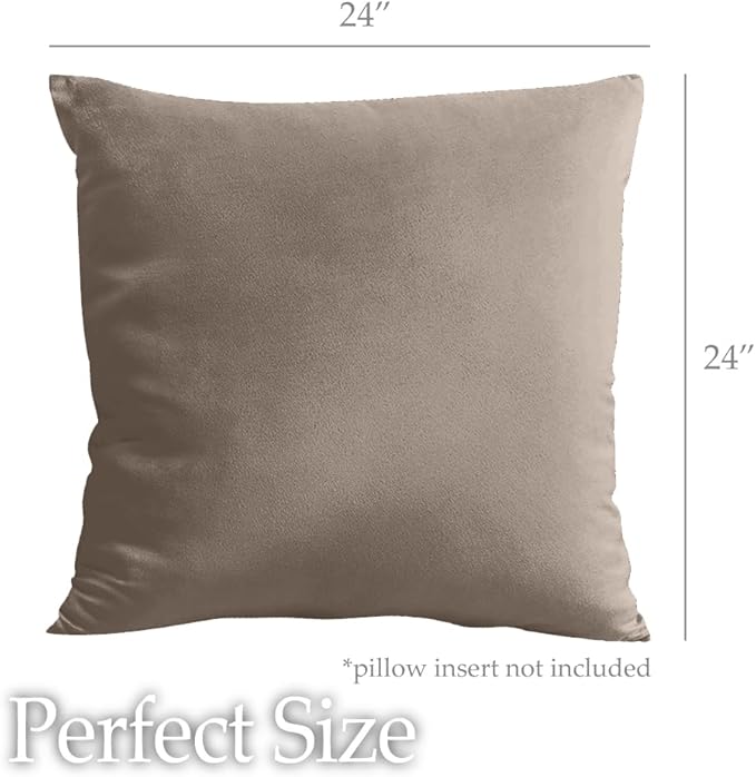 lalaLOOM Velvet Throw Pillow Covers, Set of 2, 24x24 Decorative Square Pillows Home Decor, Soft Accent Cases, Silky Machine Washable Pillowcases for Sofa, Couch, Bedroom, Living Room, Taupe