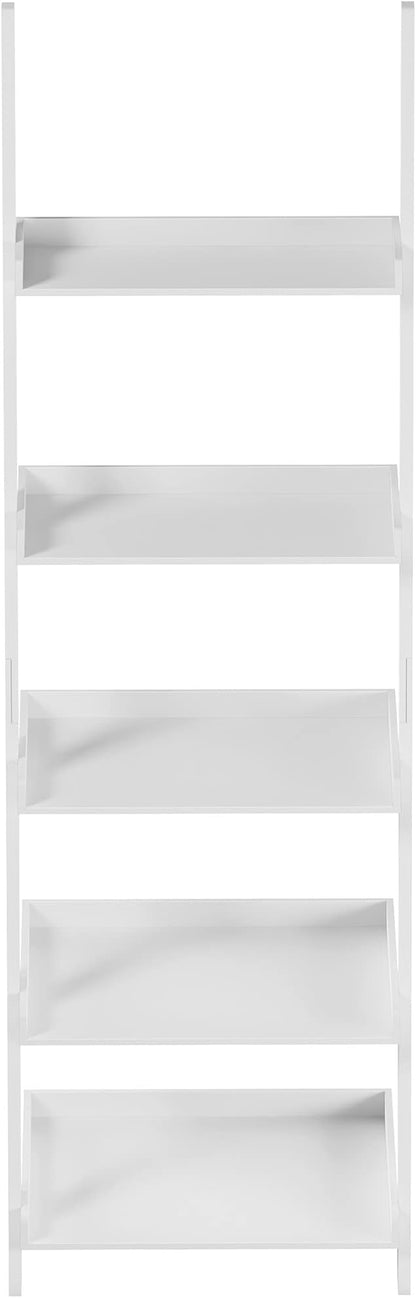 Lavish Home Bookshelf - 5-Tier Ladder Shelf with Leaning Look - Bookcase for Home Decor and Office Storage - Freestanding Book Shelves (White)