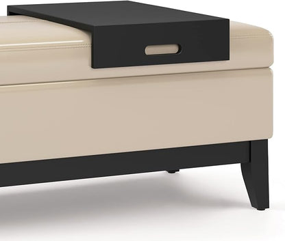 SIMPLIHOME Oregon 42 inch Wide Transitional Rectangle Storage Ottoman Bench with Tray in Satin Cream Vegan Faux Leather, Assembled, For the Living Room, Entryway and Family Room