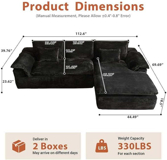 113 in Oversized Cloud Sofa with L Shape Chaise, Sectional Couches for Living Room, Assembly Free Modular Comfy Corduroy Sofa with Right Facing Chaise Longue for Home Apartment (Right Chaise, Black)