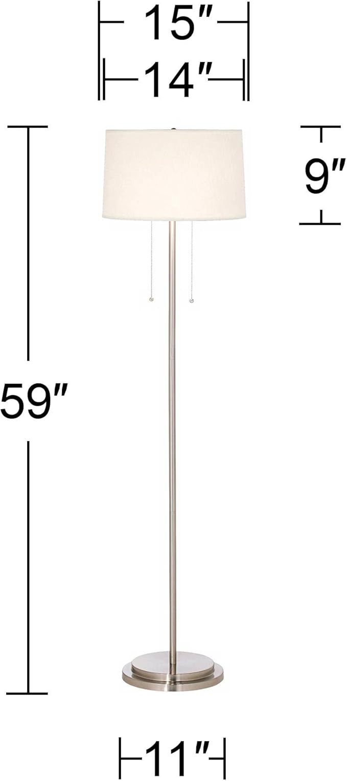 Possini Euro Design Simplicity Modern Minimalist Floor Standing Lamp 59" Tall Brushed Nickel Silver Metal Off White Tapered Drum Shade Decor for Living Room Reading House Bedroom Home