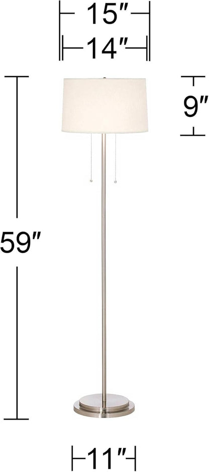 Possini Euro Design Simplicity Modern Minimalist Floor Standing Lamp 59" Tall Brushed Nickel Silver Metal Off White Tapered Drum Shade Decor for Living Room Reading House Bedroom Home