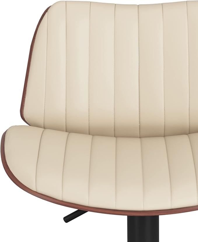 SIMPLIHOME Goulding Adjustable Swivel Bar Stool - 33 inch Seat Height Upholstered Metal Chair in Cream Vegan Faux Leather, Mid Century Seating for Kitchen or Bar with Curved Bentwood Back