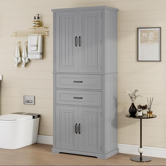 Polibi Elegant Storage Cabinet with Adjustable Shelves - 2 Drawers, 5 Interior Shelves & 6 Small Shelves, for Living Room/Bathroom, Gray