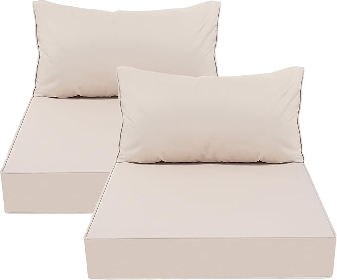 AAAAAcessories Outdoor Deep Seat Cushions, Waterproof, Fade-Resistant Patio Furniture Replacement Cushions, 25.5" x 25.5" x 5" + 25.5" x 13.5", Set of 2, Khaki Beige
