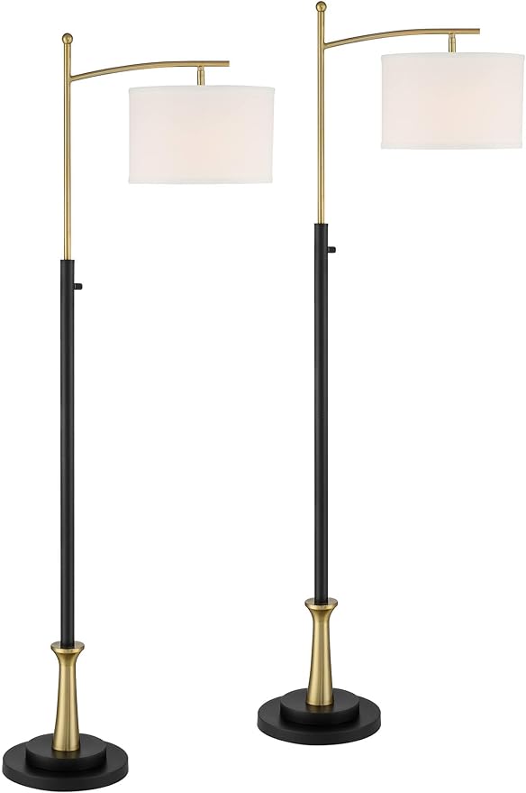 Possini Euro Design Burbank Modern 64" Tall Standing Floor Lamps Set of 2 Lights Task Downbridge Black Gold Metal Brass Finish Living Room Bedroom House Reading Office Home Decor White Shade