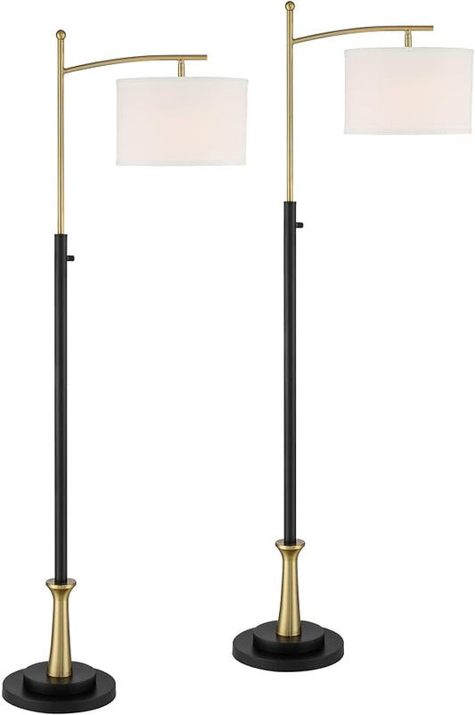 Possini Euro Design Burbank Modern 64" Tall Standing Floor Lamps Set of 2 Lights Task Downbridge Black Gold Metal Brass Finish Living Room Bedroom House Reading Office Home Decor White Shade