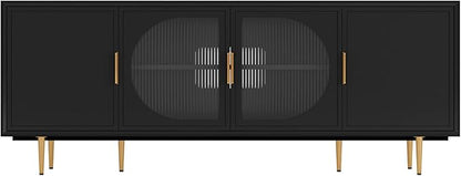 66" Modern TV Stand for TVs up to 75",TV Cabinet with Glass Door,Entertainment Center with Storage,Television Stands with Gold Legs,Media Console for Bedroom,Living Room,Black