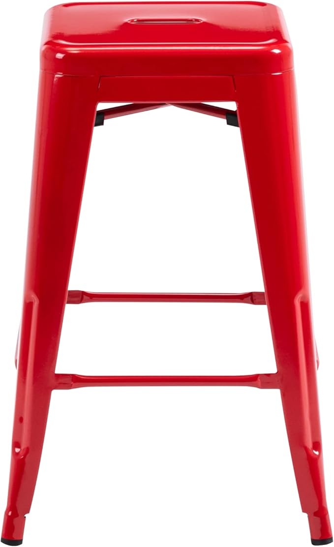 Vogue Furniture Direct 24 Inch Metal Bar Stools, Backless Counter Height Barstools, Indoor Outdoor Stackable Stools with Square Seat, Set of 2 (Red)