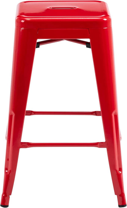 Vogue Furniture Direct 24 Inch Metal Bar Stools, Backless Counter Height Barstools, Indoor Outdoor Stackable Stools with Square Seat, Set of 2 (Red)