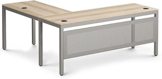 nbf signature series at Work Reversible L Shaped Desk 60" w x 60" d Ergonomic Corner Computer Desk with Warm Ash Laminate/Brushed Nickel Steel Frame for Office Use