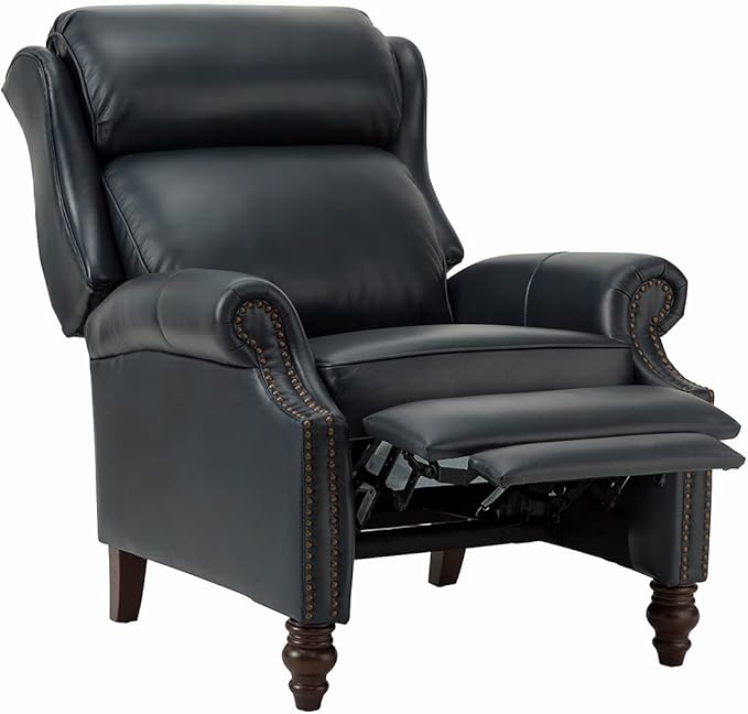 HULALA HOME Genuine Leather Recliner Chair, Traditional Manual Pushback Comfy Seating for Living Room, Thick Cushion & Solid Wood Legs, Wingback Recliner with Nailhead Trim, Navy-S2
