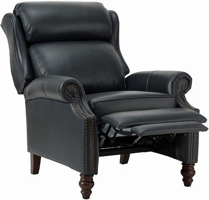 HULALA HOME Genuine Leather Recliner Chair, Traditional Manual Pushback Comfy Seating for Living Room, Thick Cushion & Solid Wood Legs, Wingback Recliner with Nailhead Trim, Navy-S2