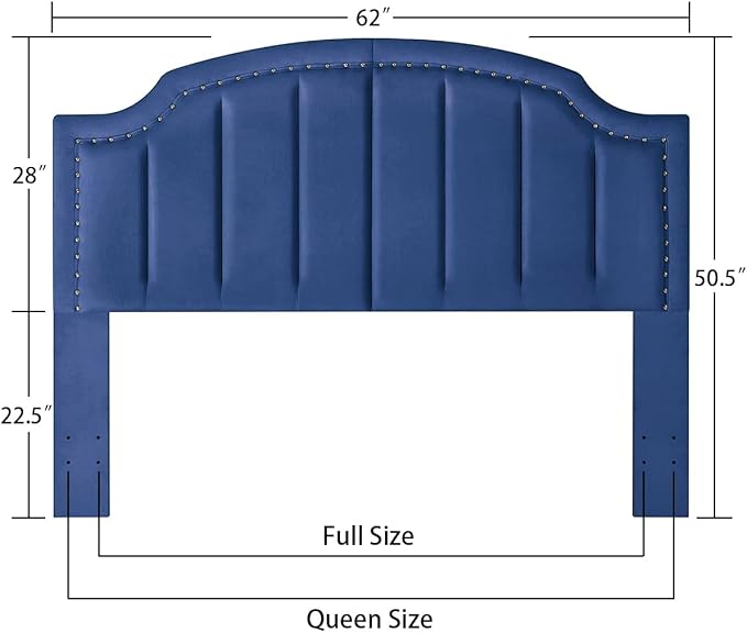 24KF Upholstered Channel Pattern Queen Headboard with Silver Nailhead Trim, Comfy Velvet Headboard Queen/Full, 6052-Q-Navy
